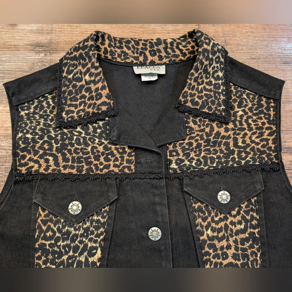 Vintage Peaces USA Leopard Print Denim Vest 90s Western Crochet Y2K Sz M - Picture 3 of 14